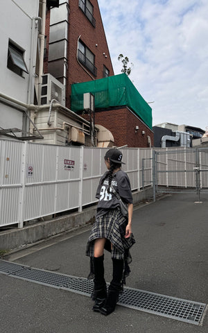 Asymmetrical Plaid Skirt with Lace Paneling