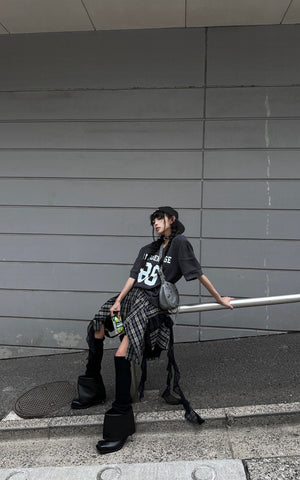 Asymmetrical Plaid Skirt with Lace Paneling