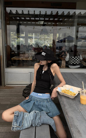 Pleated Denim Micro Skirt with Contrast Waistband