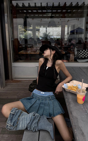 Pleated Denim Micro Skirt with Contrast Waistband