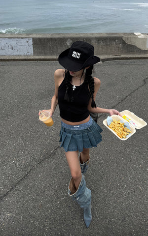 Pleated Denim Micro Skirt with Contrast Waistband