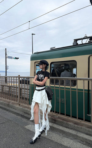 Asymmetrical Skirt with Lace Streamers