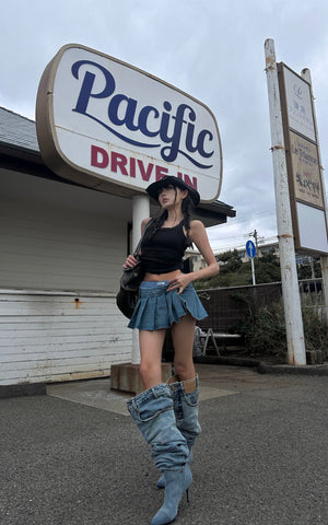 Pleated Denim Micro Skirt with Contrast Waistband