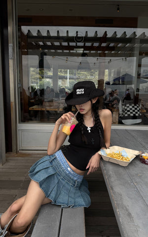 Pleated Denim Micro Skirt with Contrast Waistband