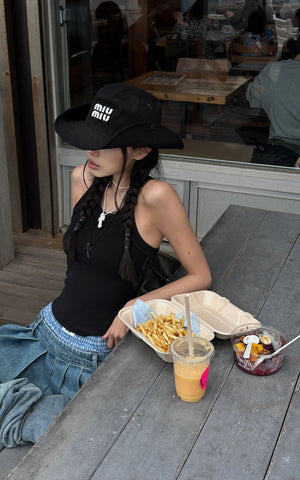 Pleated Denim Micro Skirt with Contrast Waistband
