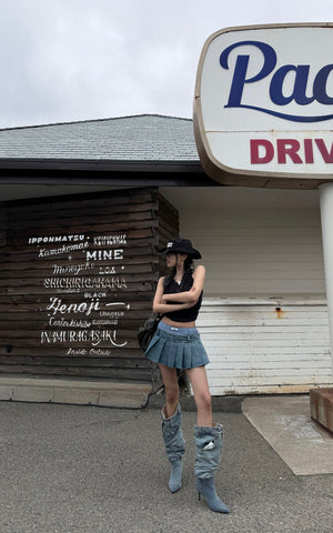 Pleated Denim Micro Skirt with Contrast Waistband