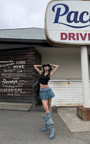 Pleated Denim Micro Skirt with Contrast Waistband