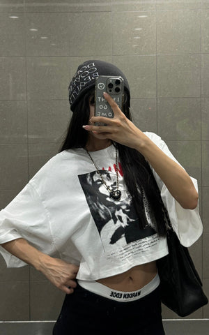 Distressed Portrait Graphic Oversized Cropped Tee