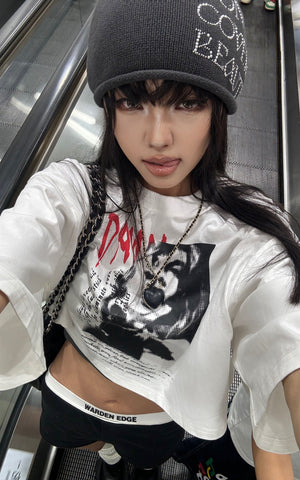 Distressed Portrait Graphic Oversized Cropped Tee