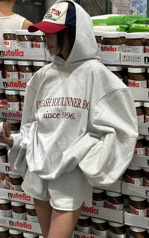 Retro Lettering Print Hoodie + High-Waisted Shorts Set