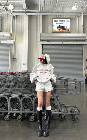 Retro Lettering Print Hoodie + High-Waisted Shorts Set