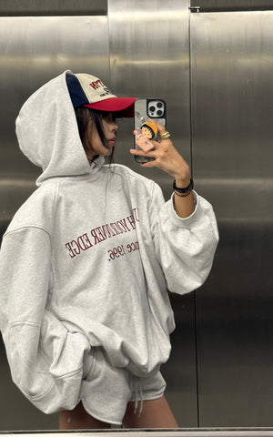 Retro Lettering Print Hoodie + High-Waisted Shorts Set