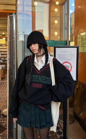 Oversized V-Neck Sweater with Retro Lettering