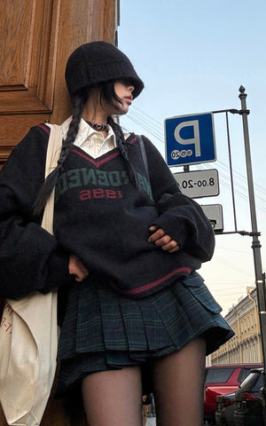Oversized V-Neck Sweater with Retro Lettering