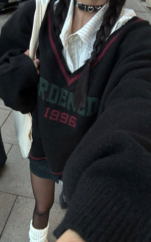 Oversized V-Neck Sweater with Retro Lettering
