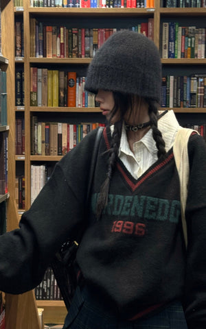 Oversized V-Neck Sweater with Retro Lettering