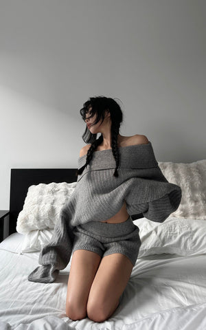 Off-Shoulder Knit Sweater and Shorts Set