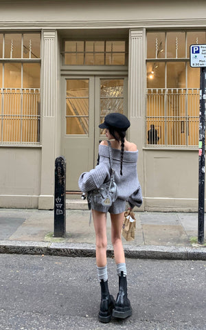 Off-Shoulder Knit Sweater and Shorts Set