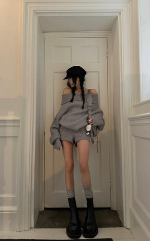 Off-Shoulder Knit Sweater and Shorts Set