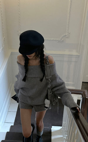 Off-Shoulder Knit Sweater and Shorts Set