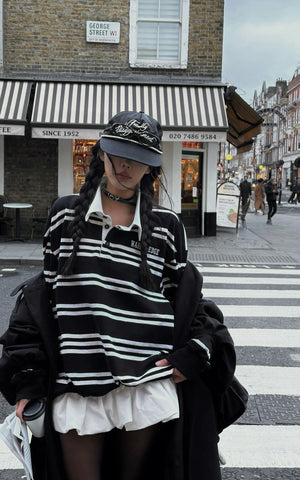 Black Striped Polo Knit T-Shirt