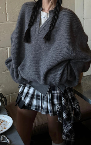 Grey Knit Pullover & Asymmetrical Plaid Skirt Set