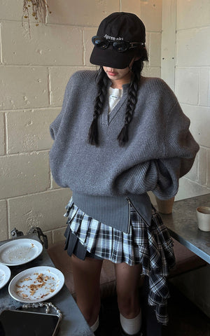 Grey Knit Pullover & Asymmetrical Plaid Skirt Set