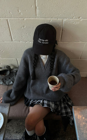 Grey Knit Pullover & Asymmetrical Plaid Skirt Set