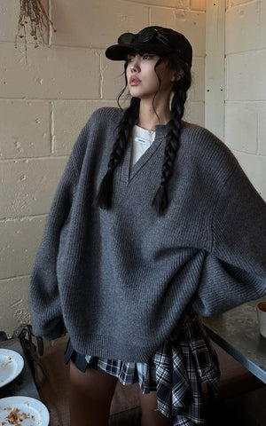 Grey Knit Pullover & Asymmetrical Plaid Skirt Set