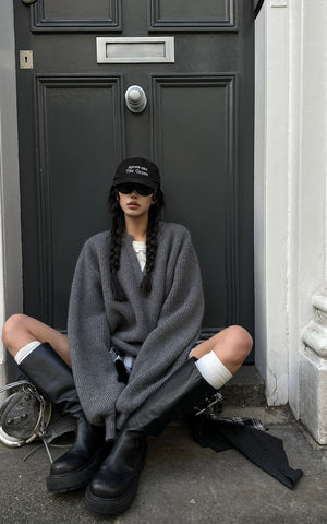 Grey Knit Pullover & Asymmetrical Plaid Skirt Set