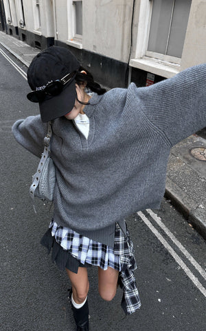 Grey Knit Pullover & Asymmetrical Plaid Skirt Set