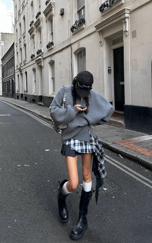 Grey Knit Pullover & Asymmetrical Plaid Skirt Set