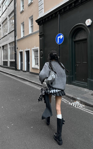 Grey Knit Pullover & Asymmetrical Plaid Skirt Set