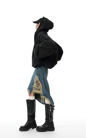 Distressed Denim Midi Skirt with Asymmetrical Hem