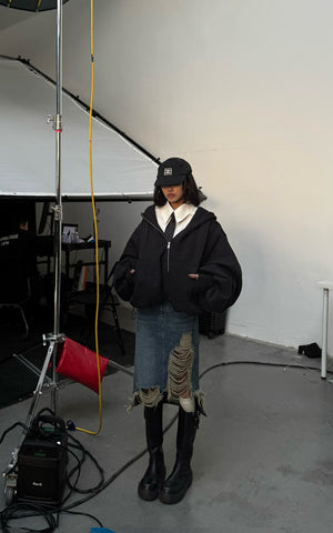 Distressed Denim Midi Skirt with Asymmetrical Hem