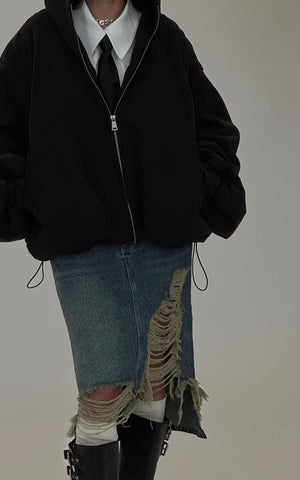 Distressed Denim Midi Skirt with Asymmetrical Hem