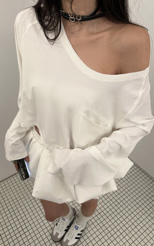 Off-Shoulder Cropped Long Sleeve T-Shirt