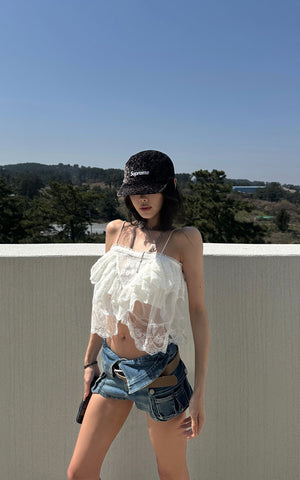 Collar-Waist Deconstructed Denim Shorts