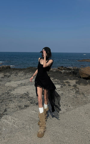 Layered Mesh Hem Dress with Raw Draping