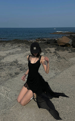 Layered Mesh Hem Dress with Raw Draping