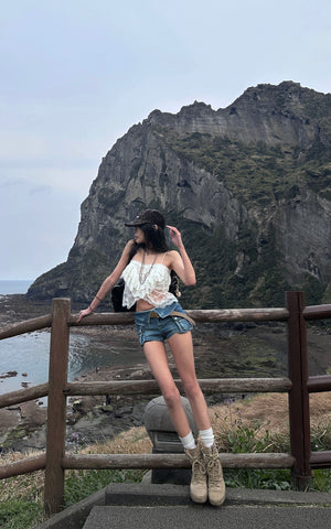 Collar-Waist Deconstructed Denim Shorts
