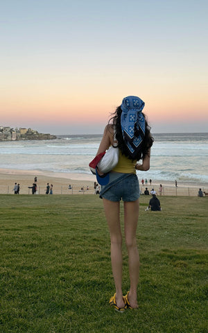 Asymmetric Denim Shorts with Patch Print Detail