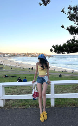 Asymmetric Denim Shorts with Patch Print Detail