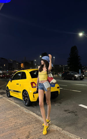 Asymmetric Denim Shorts with Patch Print Detail