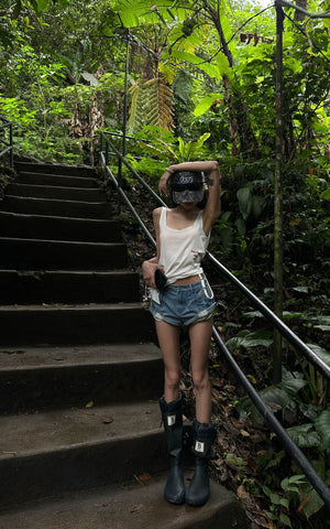 Distressed Denim Shorts with Folded Hem & Ring Stitch