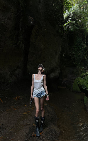 Distressed Denim Shorts with Folded Hem & Ring Stitch