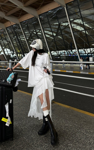 Layered Asymmetric Midi Skirt in Mixed Textures