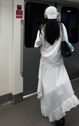 Layered Asymmetric Midi Skirt in Mixed Textures