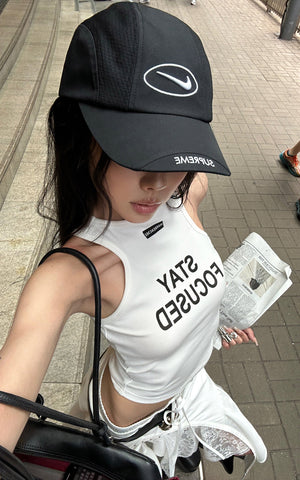 Ribbed Racerback Tank Top with Contrast Lettering