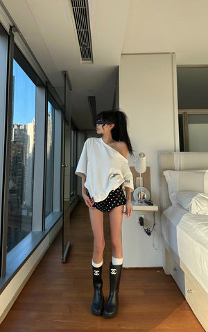 Mixed Dot Print Drawstring Shorts with Graphic Cut